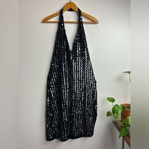 Climax Vintage 70s 80s full sequins Halter open Back V-Neck mid dress